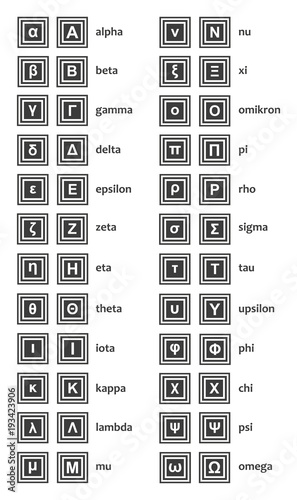 Vector greek alphabet - both upper case and lower case - letters with the names isolated on the white background