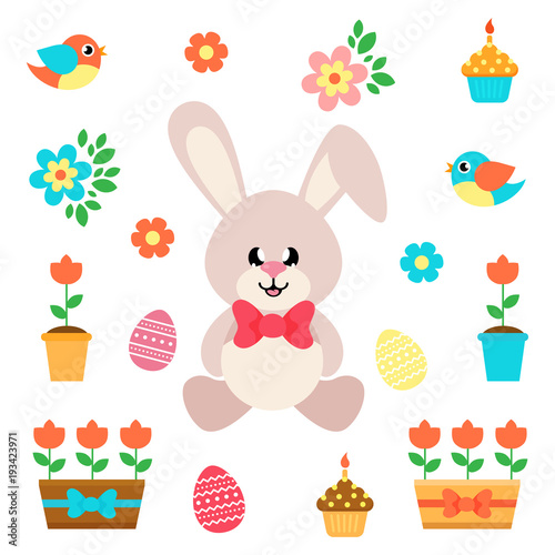 cartoon easter elements with bunny sitting