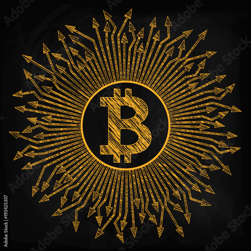 Crypto currency, bitcoin. In the figure the bitcoin icon, from it in different directions directed arrow. Drawing chalk on a blackboard. Sketch of a golden color on a black background
