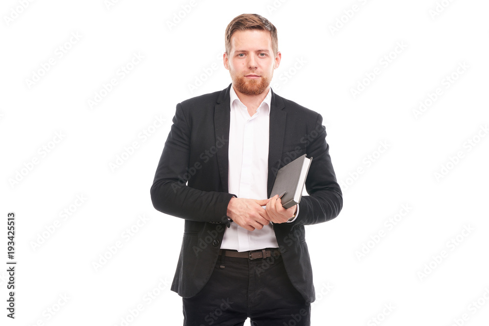 Portrait of young manager holding personal organizer on white background Portrait of young manager holding personal organizer on white background