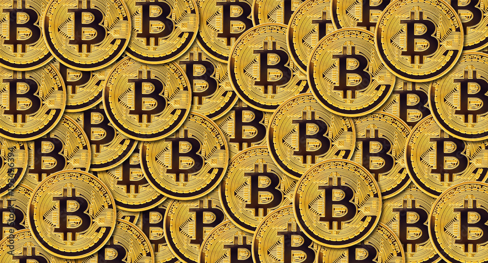 many golden bitcoin coins as background for digital crypto currency cash