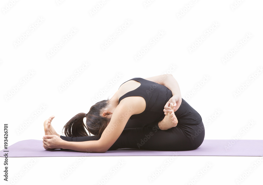 woman playing yoga on purple mat isolated white background woman playing yoga on purple mat isolated white background
