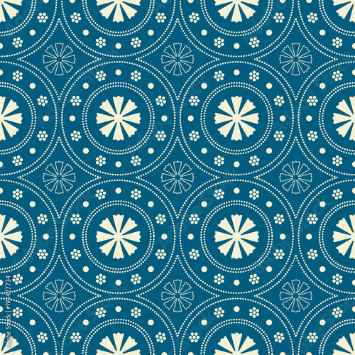 Seamless background southeast Asian retro aboriginal traditional art textile pattern round circle dot line flower cross
