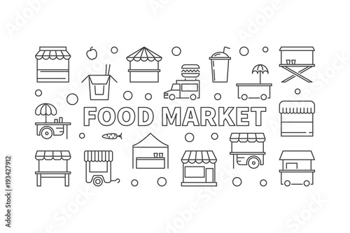 Food market horizontal banner. Vector street food illustration