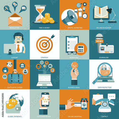 Set of flat design icons for business, pay per click, creative process, searching, web analysis, work-flow, on line shopping. Icons for website development and mobile phone services and apps.