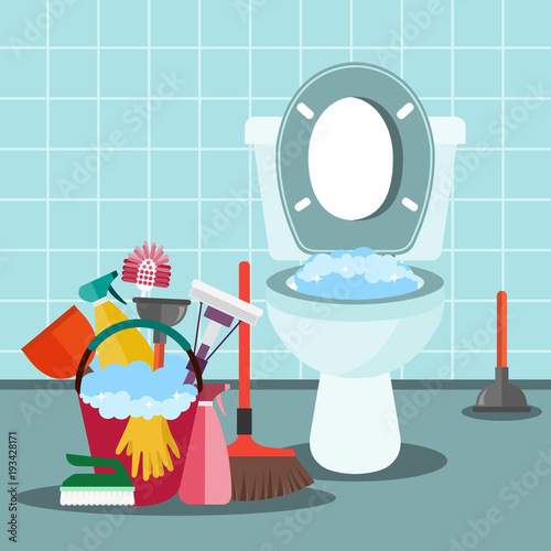 Cleaning service concept. Bathroom interior with toilet bowl and cleaning equipment. Flat vector illustration.