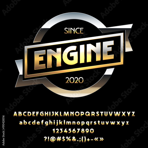 Vector Silver and Golden Logo for Motorbike and Car Shop. Set of gradient Metallic Alphabet Letters, Numbers and Symbols