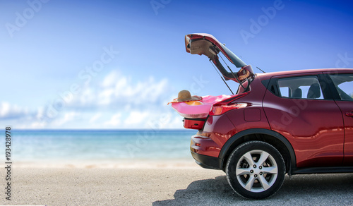 Canvas Print summer car on beach and landscape of sea
