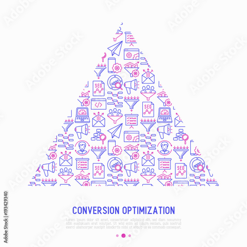 Conversion optimization concept in triangle with thin line icons: marketing, customer management, SEO technology, website promotion, sales funnel, web traffic. Vector illustration for print media.