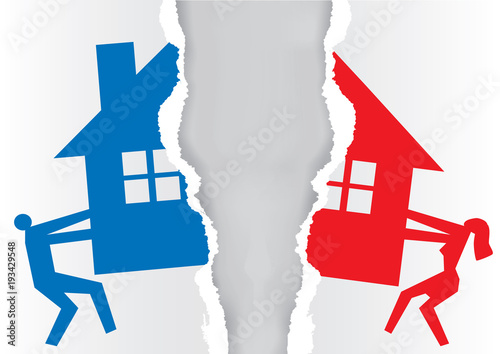 Division of property at divorce.
A divorced couple ripping paper with the symbol of the house. Vector available. 
