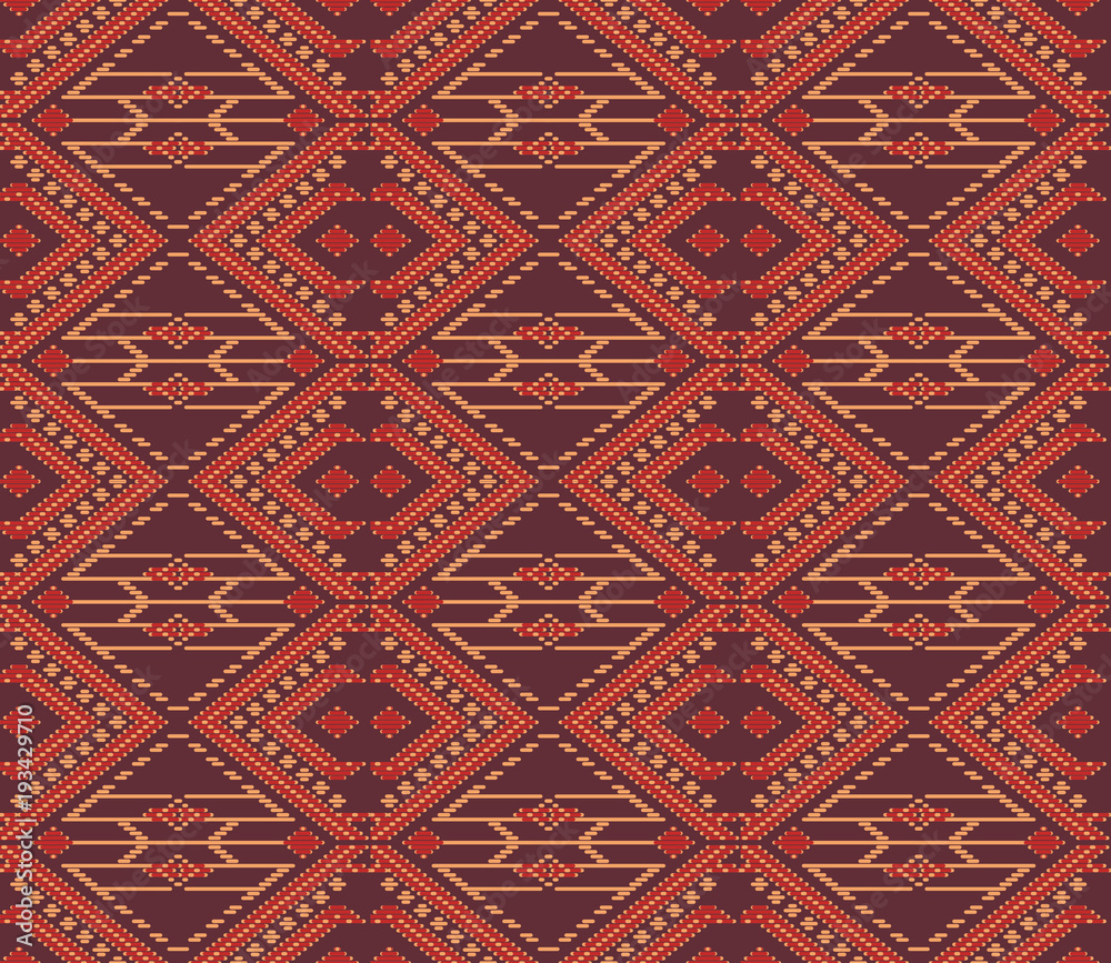 Seamless background southeast Asian retro aboriginal traditional art textile pattern check cross frame line stitch