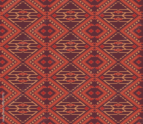 Seamless background southeast Asian retro aboriginal traditional art textile pattern check cross frame line stitch