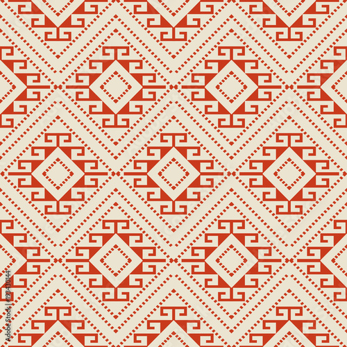 Seamless background southeast Asian retro aboriginal traditional art textile pattern check diamond geometry cross frame dot line