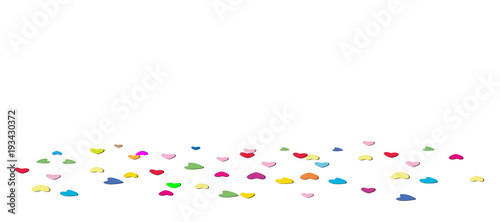 Banner mit liegende bunte Herzchen, 
Herz Konfetti für Muttertag, Valentinstag, Hochzeit uvm
Vektor Illustration isoliert auf weißem Hintergrund