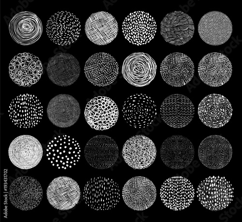 Hand drawn vector chalkboard round textures. Doodle circles with lines, dots and abstract shapes for graphic design.