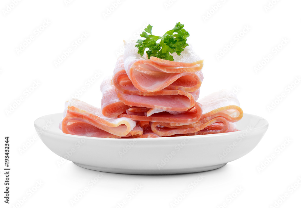 bacon in plate on white background