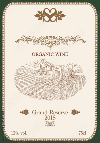 Wine label with a landscape of vineyards