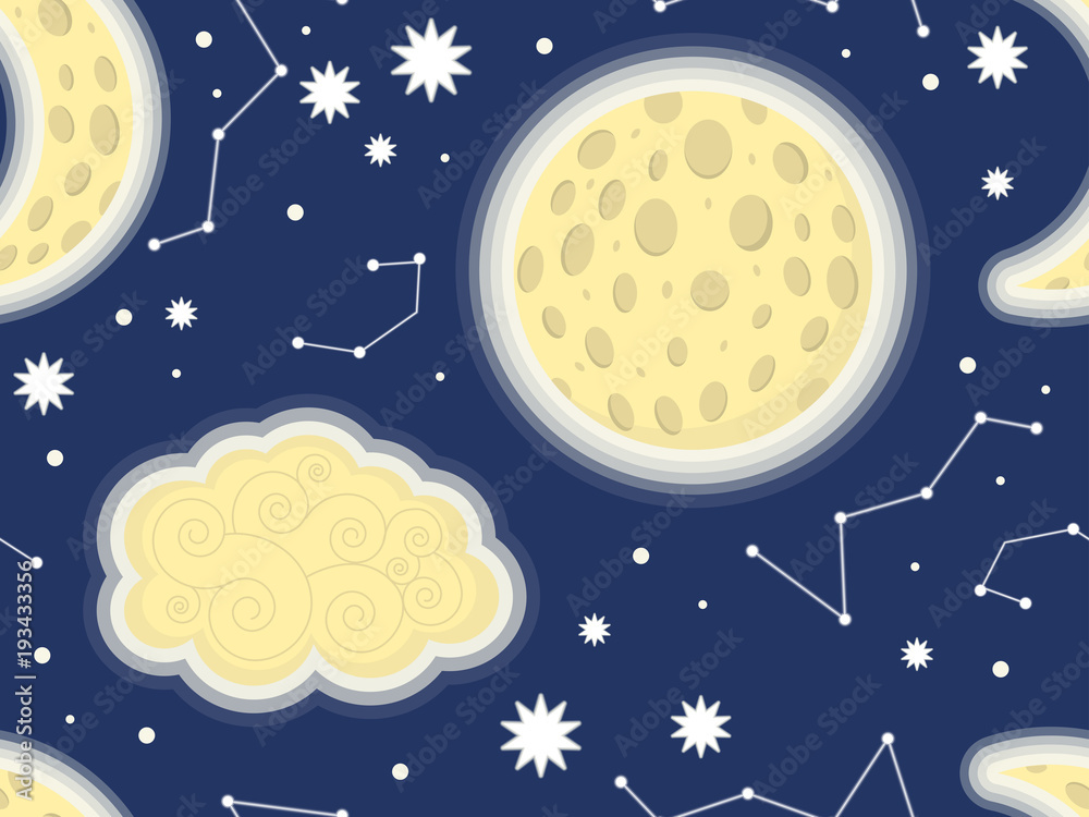 Naklejka premium Night sky pattern kids. Moon, star, clouds.