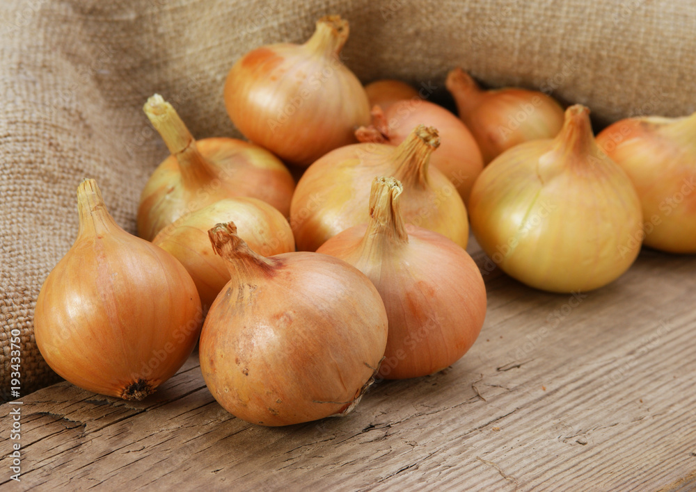 Fototapeta premium onions on a wooden board