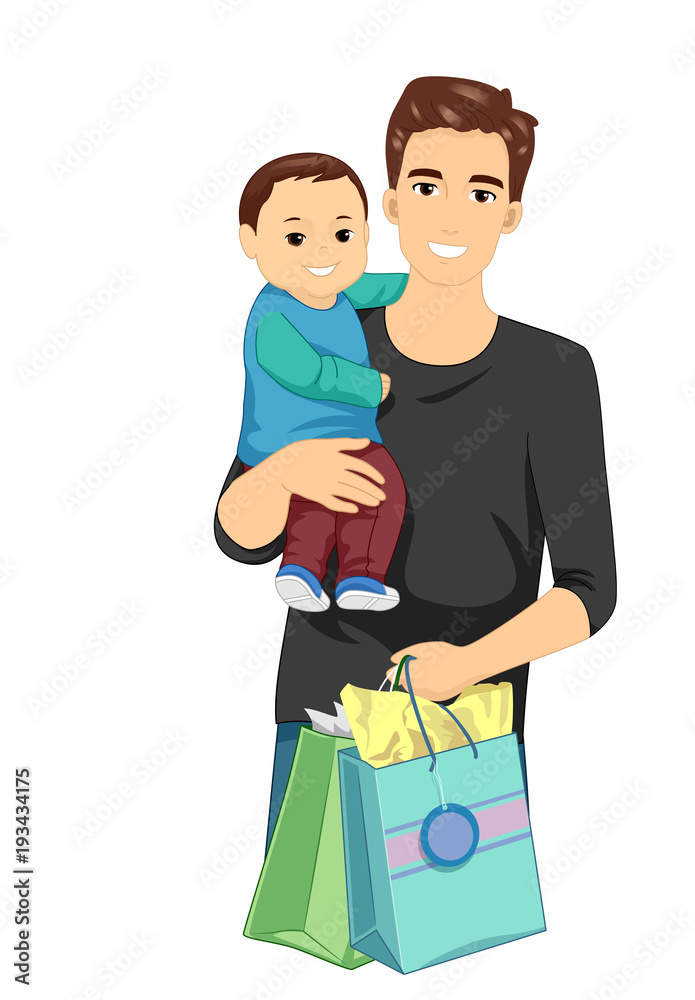 Man Dad Baby Shopping Illustration