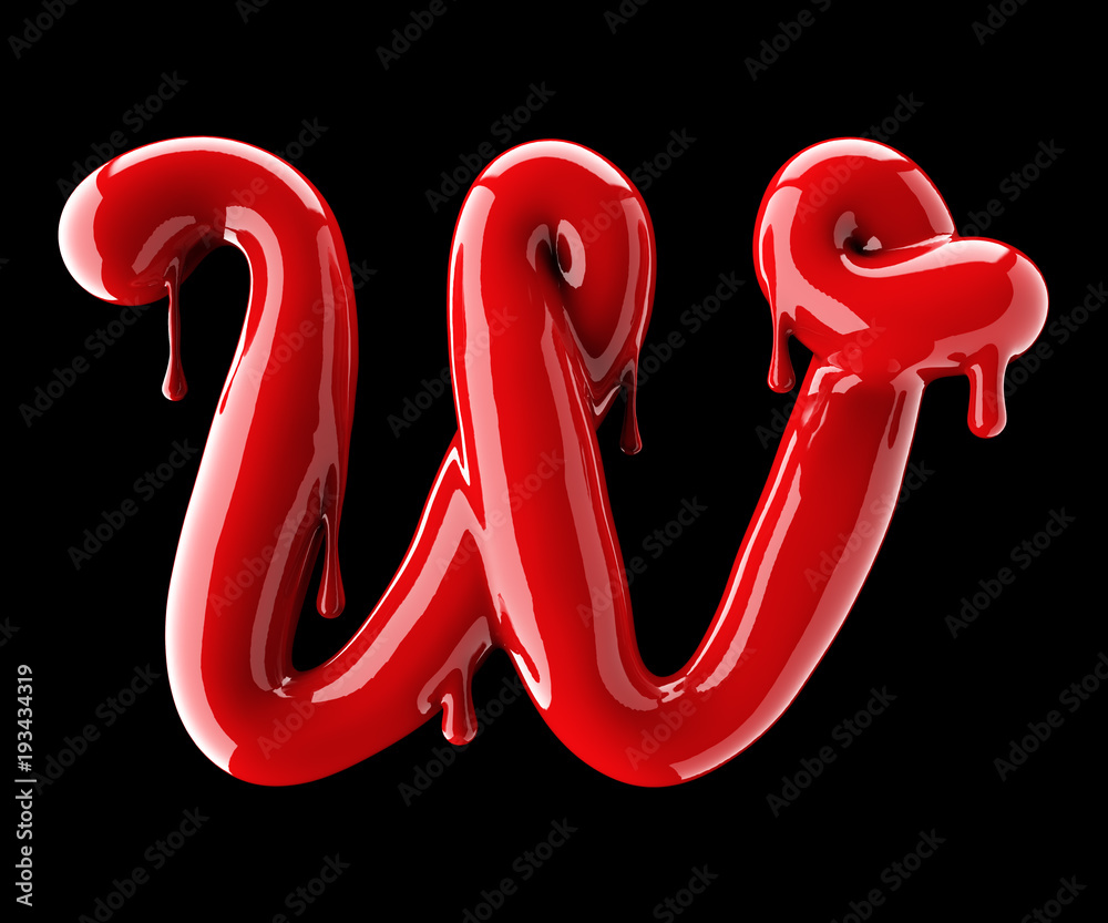 Leaky red alphabet on black background. Handwritten cursive letter W ...