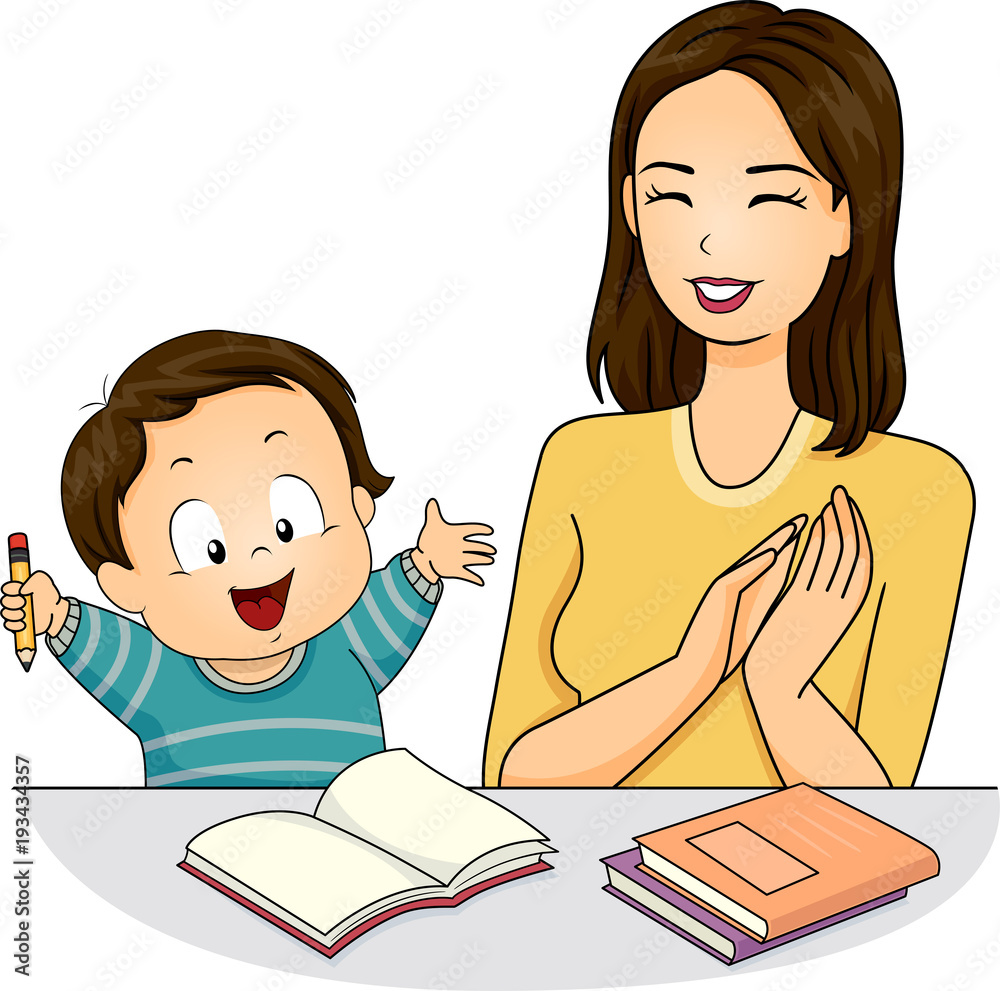 Girl Mom Kid Boy Books Praise Illustration Girl Mom Kid Boy Books Praise Illustration