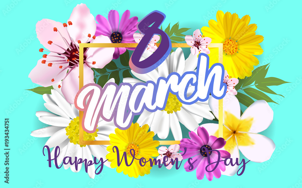 8 march modern background design with flowers. Happy women's day stylish greeting card with cherry blossoms.