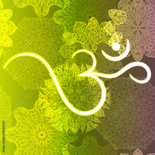Ornate floral seamless texture, endless pattern with glowing bright mandala elements and ohm symbol