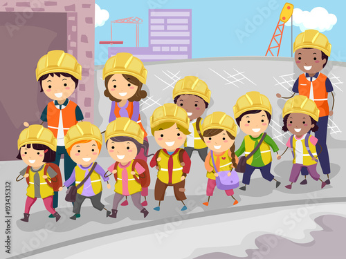 Stickman Kids Construction Site Visit Illustration