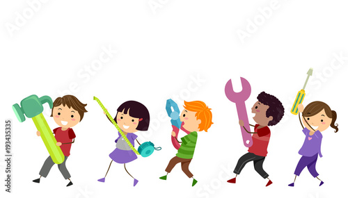 Stickman Kids Construction Tools March Illustration
