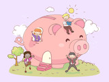 Stickman Kids Banker Piggy Bank Illustration