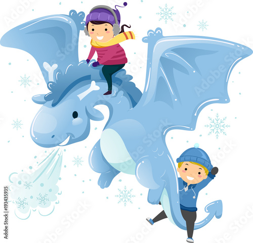 Stickman Kids Ice Dragon Fly Illustration