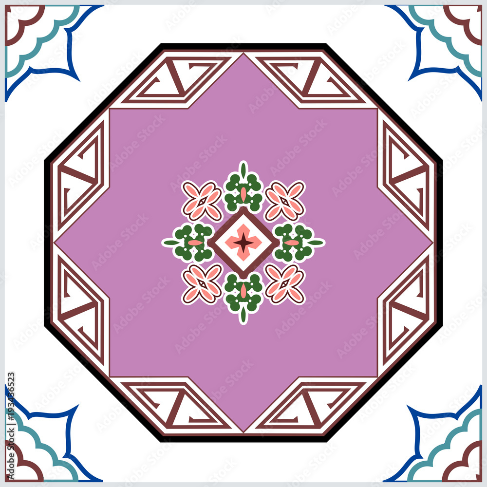 Traditional Portugal azulejos inspired seamless pattern for wall and floor home ceramic design. The lilac octagon with geometric and floral pattern. Vector Illustration. Traditional Portugal azulejos inspired seamless pattern for wall and floor home ceramic design. The lilac octagon with geometric and floral pattern. Vector Illustration.