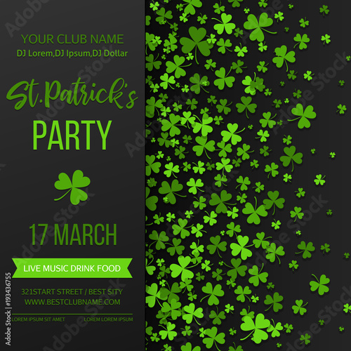Saint Patrick s Day poster with green four and tree leaf clovers on black background. Vector illustration. Party invitation design, typographic template. Lucky and success symbols.