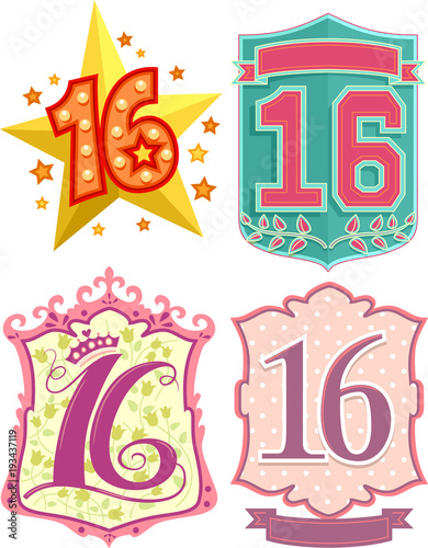 Number Sixteen Labels Illus...