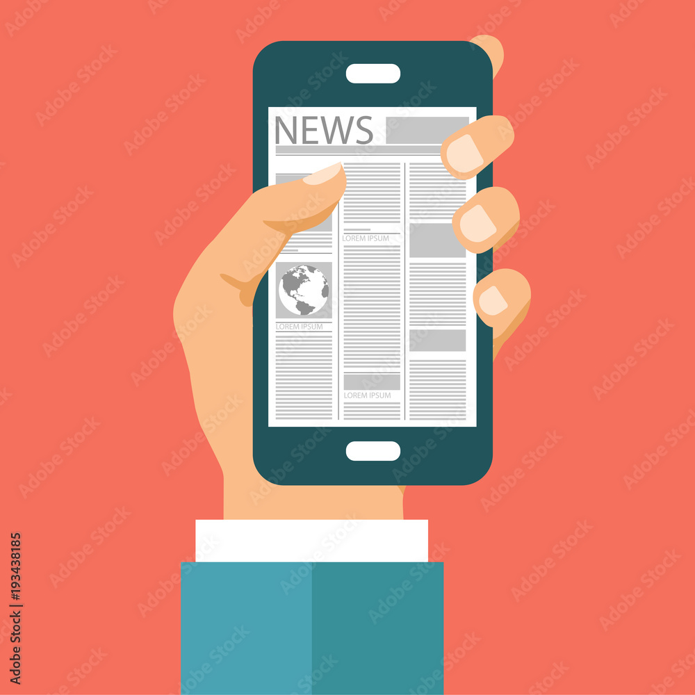On line news concept. Read newspaper on your smart phone. Flat vector illustration On line news concept. Read newspaper on your smart phone. Flat vector illustration