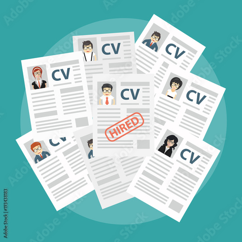 Hands holding CV papers. Human resources management concept, searching professional staff, analyzing resume papers, work. Flat vector illustration.