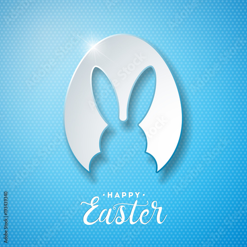 Vector Illustration of Happy Easter Holiday with Rabbit Ears in Cutting Egg and Typography Letter on Blue Background. International Celebration Design for Greeting Card, Party Invitation or Promo