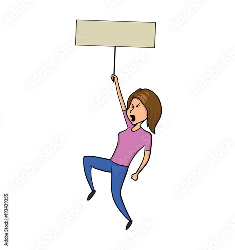 Young woman holding blank protest sign. Vector illustration, isolated on white background.