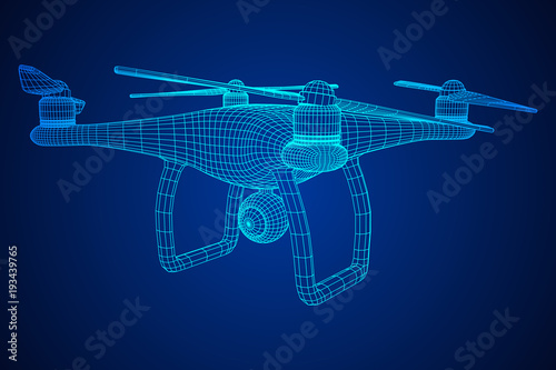 Remote control air drone. Dron flying with action video camera. Wireframe low poly mesh vector illustration
