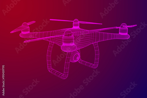 Remote control air drone. Dron flying with action video camera. Wireframe low poly mesh vector illustration