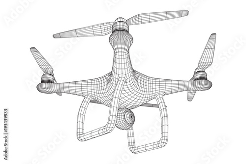 Remote control air drone. Dron flying with action video camera. Wireframe low poly mesh vector illustration