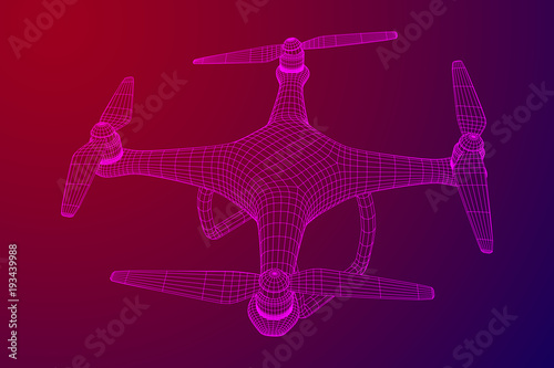 Remote control air drone. Dron flying with action video camera. Wireframe low poly mesh vector illustration