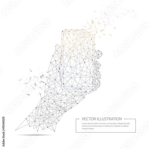 Digitally drawn hand holding a smart phone black low poly wire frame
