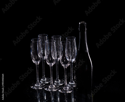 catering service. Silhouette of champagne glasess. Party. Champagne on black background