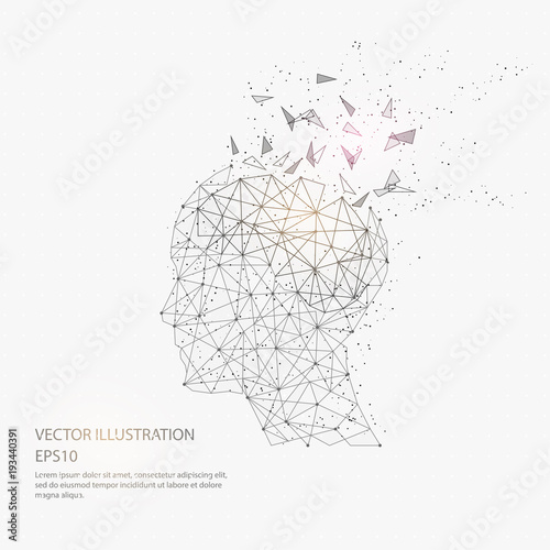 Digitally drawn thinkers head and brain black low poly wire frame.