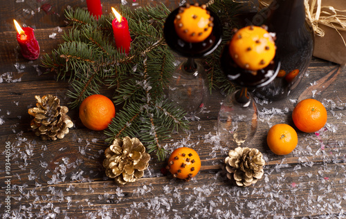 Christmas New Year composition with tangerines and pine cones