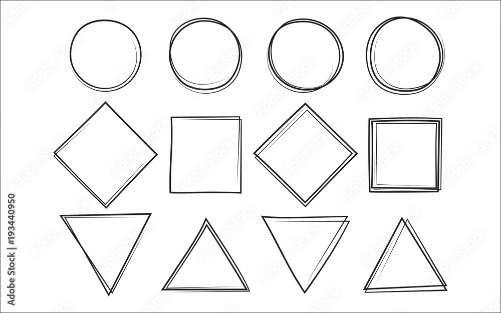 Set of the hand drawn scribble circle and square and triangle
