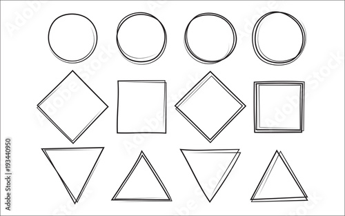 Set of the hand drawn scribble circle and square and triangle