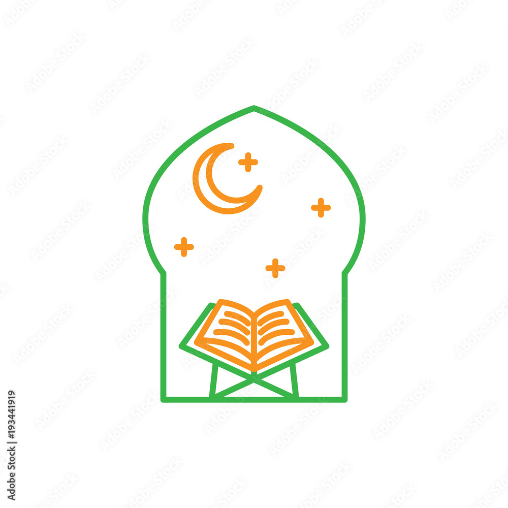 Read Quran at night time in the mosque. Simple monoline icon style for muslim ramadan and eid al fitr celebration.